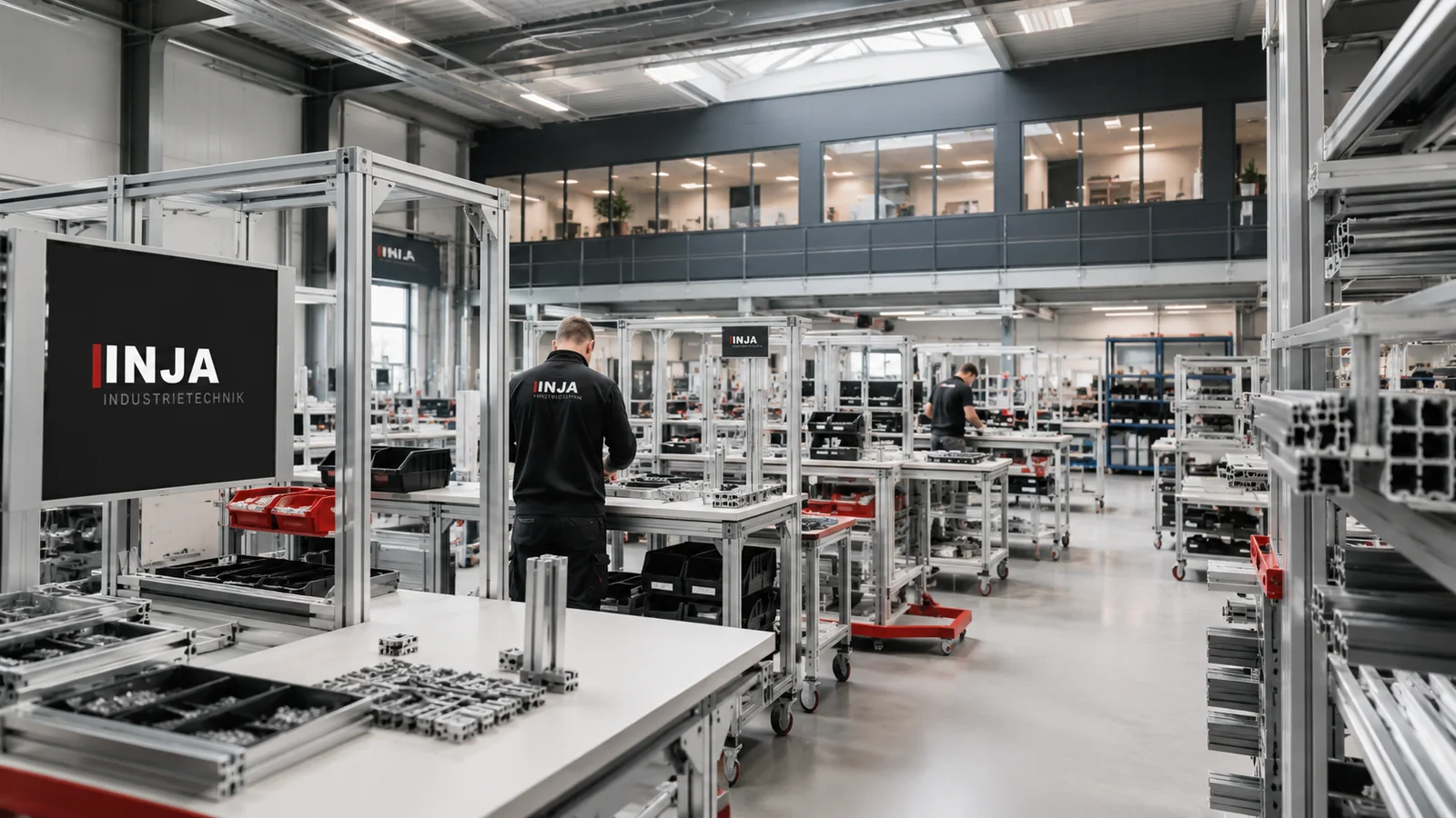 INJA Produktionshalle mit modularen Aluminiumprofil-Arbeitsplätzen