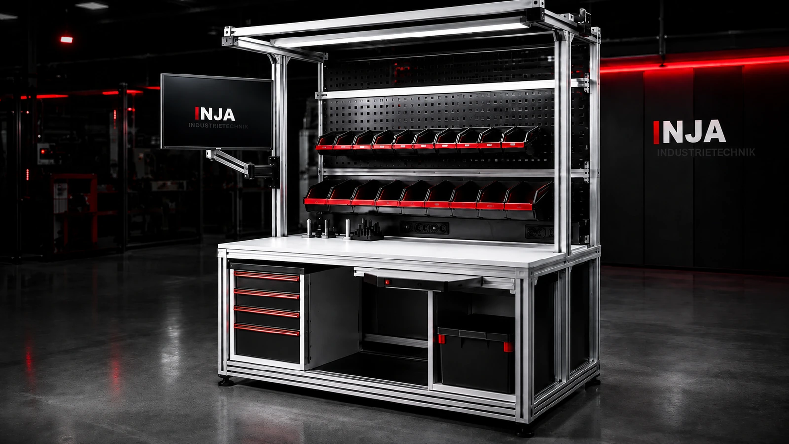 Modularer INJA Montagearbeitsplatz in einer modernen Produktionshalle