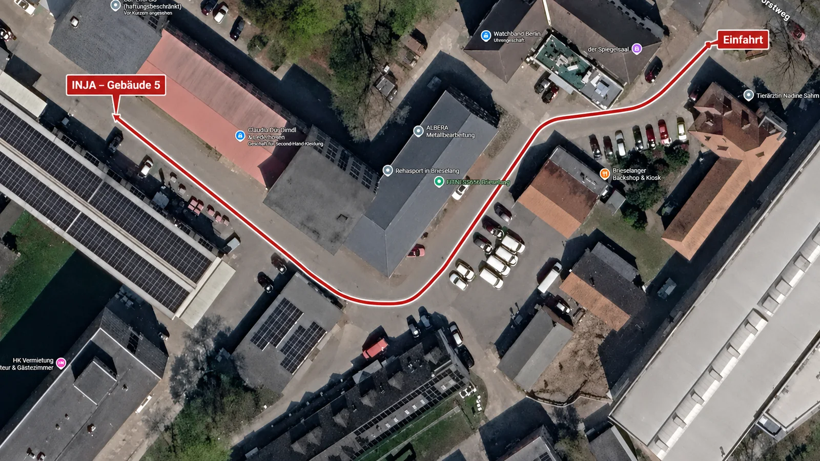 Luftbild-Wegbeschreibung von der Einfahrt zu INJA Gebäude 5
